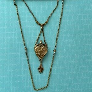 Vintage 70’s Signed Art@ Costume Necklace Heart Locket Double Necklace